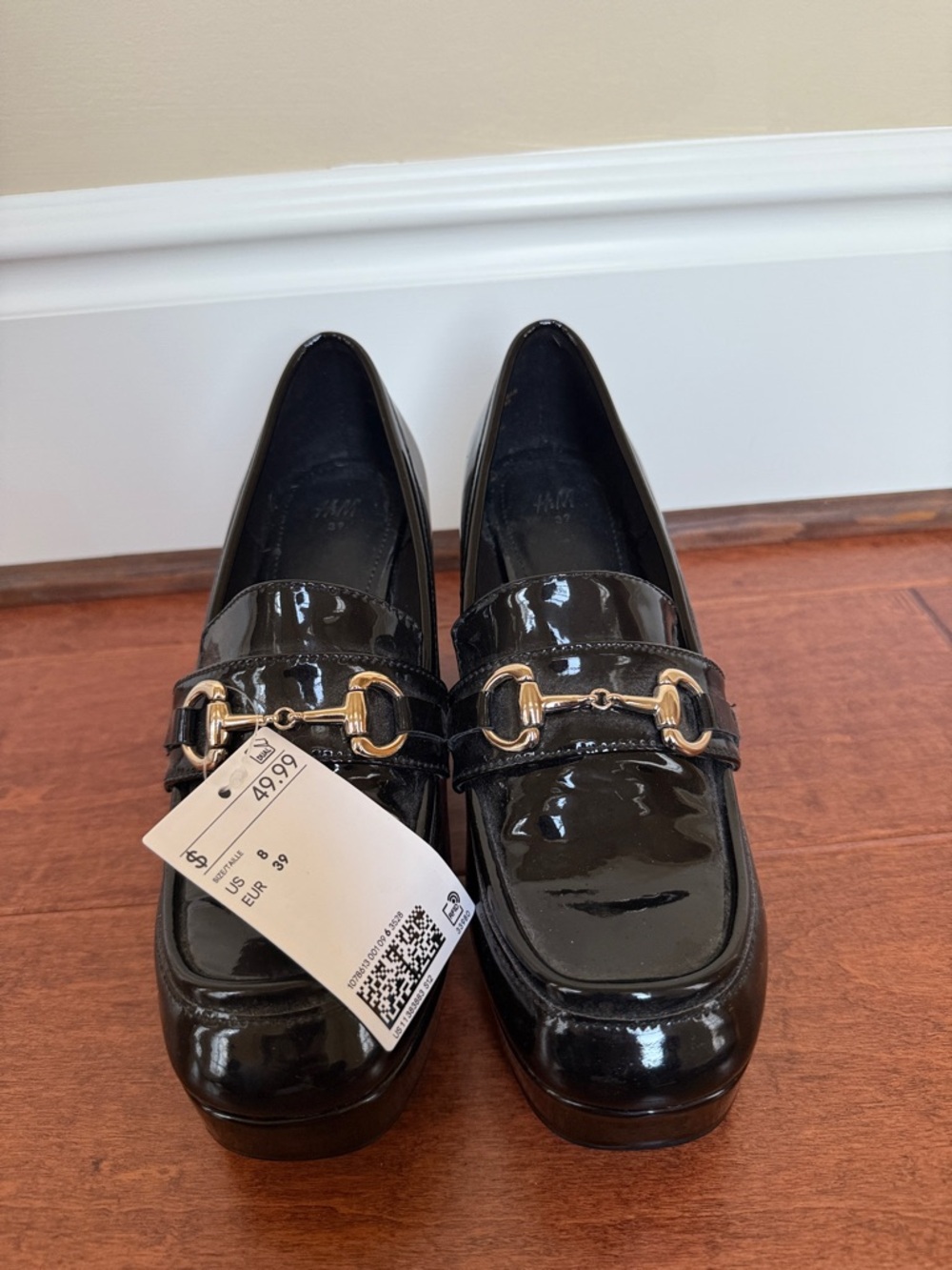 H&M Black Patent Loafers with Gold Bit Accent